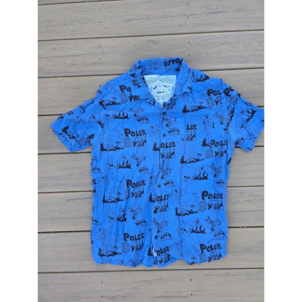 Poler Stuff Short Sleeve Button Up Shirt Men's Large Blue